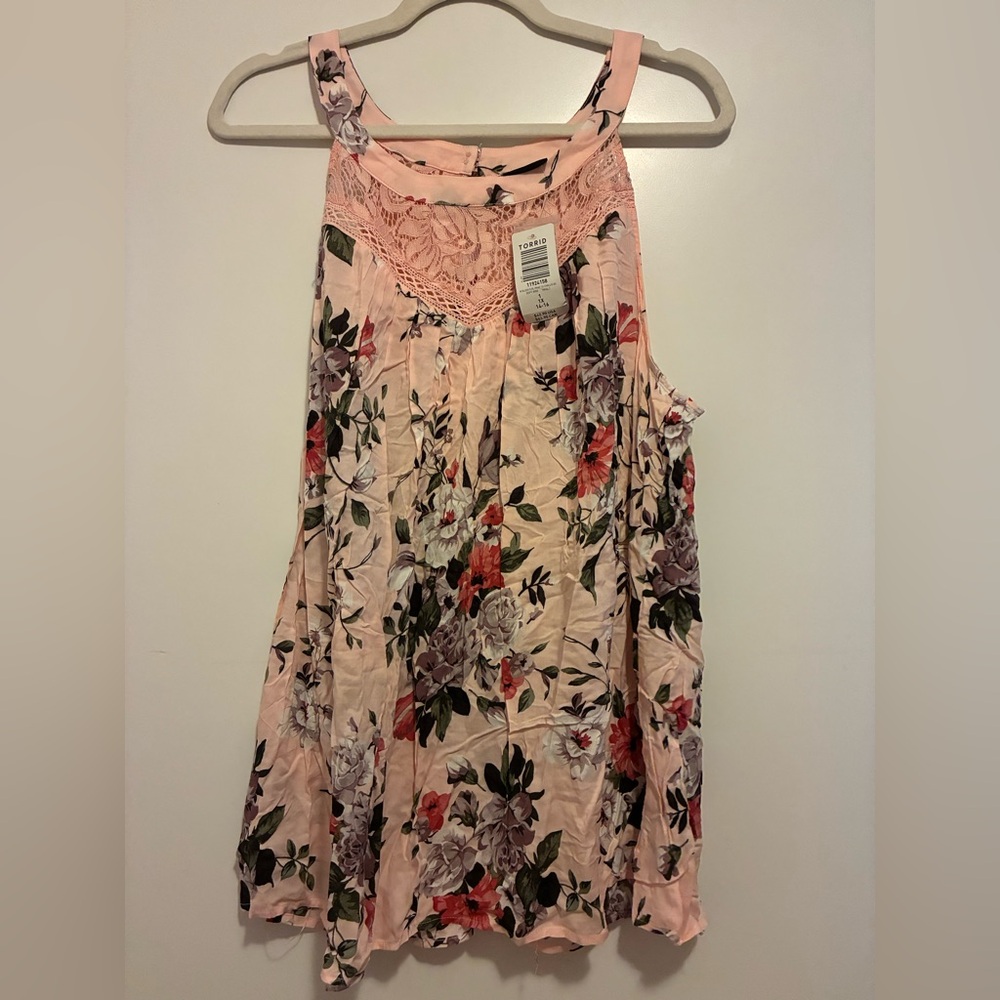 Torrid Women's Pink Floral Lace Yoke Tank Top